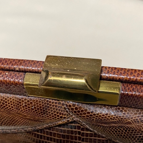 Vintage Snakeskin Elegant Brown Leather Clutch with Brass Hardware
